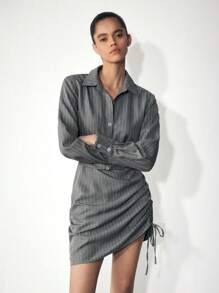 Maija Gaun Pendek Wanita Kasual Bergaris dengan Tali Serut Samping, Musim Gugur/Musim Dingin - Dark Grey - View 6