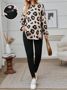 SHEIN Maternity Women Knitted Loose Long Sleeve T-Shirt & Skinny Leggings, Leggings Two-Piece Set