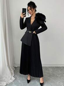 Rafferiza 1 件女式优雅黑色长袖翻领花卉装饰不对称口袋盖设计褶皱下摆连衣裙长款女装 - 黑色 - 查看 3