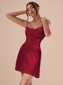 Glamine 1 件女式纯色交叉后背锁眼前开衩迷你性感吊带连衣裙，春夏复古连衣裙，情人节约会连衣裙 - 紅色 - 查看 2