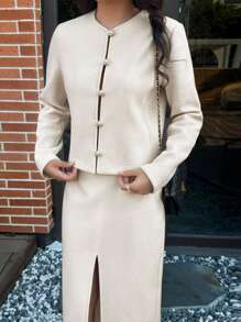 INAWLY 女士纯色前扣长袖上衣和开叉高腰半身裙优雅 2 件套 - 杏色 - 查看 3