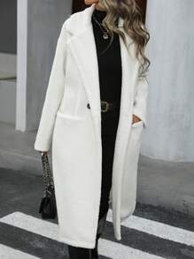 SHEIN Clasi Women Casual Solid Color Double-Breasted Long Fleece Coat, Autumn/Winter - White - View 1