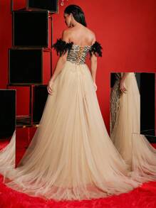 Glamrae Váy đuôi cá dệt kim co giãn đính ngọc trai bong bóng sang trọng thanh lịch, thích hợp cho đám cưới, tiệc tùng, hẹn hò, vũ hội, váy dạ hội (chịu lực nặng), váy trang trọng, cho khách dự tiệc cưới, tốt nghiệp, tiệc tối - màu đen - Xem 3