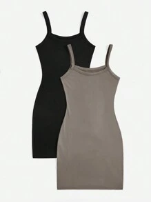 SHEIN Privé Buy 1 Get 1 Free 2pcs/Set Women Solid Color Casual Bodycon Spaghetti Strap Off Shoulder Sundress, Suitable For Commuting, Outdoor Activities And Shopping