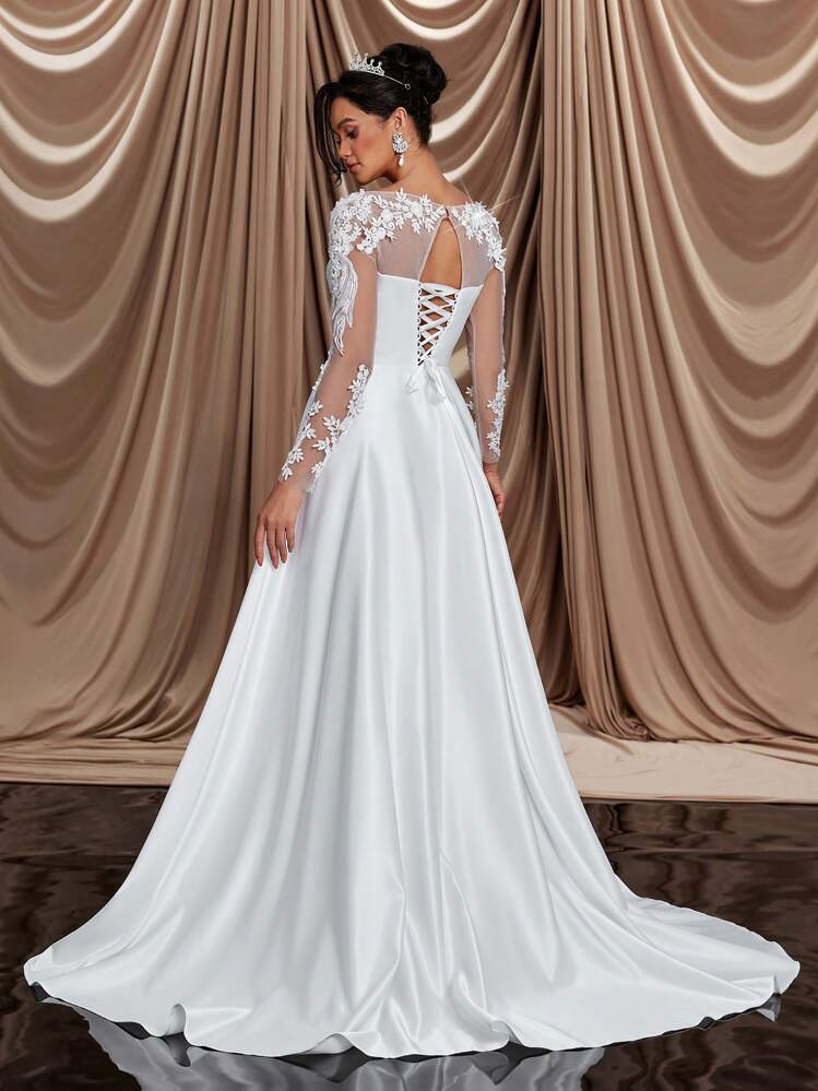 Glamrae Elegante, hermoso y lujoso vestido de novia de satén beige con mangas largas transparentes, bordado de cristales y perlas falsas, aplicaciones de encaje, volantes en el bajo y tren desmontable, adecuado para bodas, fiestas, vacaciones, vestidos de novia, novia, para el Día de San Valentín - Beis - Añade 3