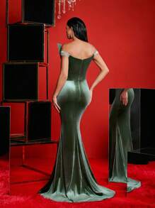 Glamrae Váy đuôi cá bằng vải nhung co giãn sequin màu xanh ô liu thanh lịch và sang trọng, phù hợp cho đám cưới, tiệc tùng, tuần trăng mật, vũ hội và sự kiện trang trọng, váy dạ hội, váy dự tiệc cưới, váy dự tiệc - xanh quân đội - Xem 3