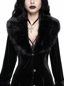 ROMWE Goth Palace Luxury Retro Plush Plush Splicing Cardigan Women Coat - Black - View 2