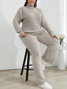 EURMUSE Plus Size Turtleneck Drop Shoulder Sleeve Sweater And Pants Set, For Winter - Mocha Brown - View 3