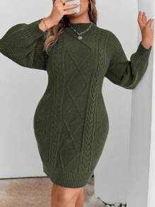 Elenzga Plus Size Solid Color Fitted Sweater Dress, Casual, Autumn/Winter Fall Cloth For Women - Army Green - View 6