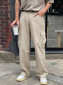 DAZY Quần dài ống rộng dáng rộng màu trơn đơn sắc cho nam Quần chạy bộ nam - Màu be - Xem 1