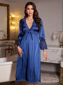 蕾丝拼接深V领性感收腰仿丝女士睡裙，秋冬款 - 藏蓝色 - 查看 5