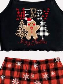 SHEIN 圣诞姜饼、豹纹圣诞树、红格子和雪花印花女童休闲修身吊带背心和短裤睡衣套装，适合夏季 - 彩色 - 查看 3