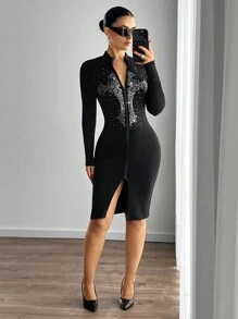 SHEIN ICON Cross Rhinestone Decor Zip-Up Mid-Long Fitted Dress - Black - View 5