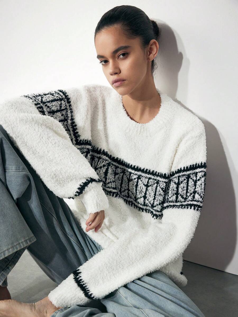 Maija Damen warmer Fairisle Muster Weißer Pullover, Pullover für Herbst/Winter