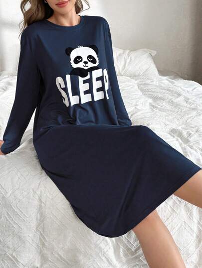 Camisón de manga larga con estampado de letra de panda, Moo Moo, otoño, invierno