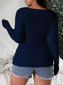 Flirla Áo len dệt kim dáng ôm, tối giản, màu trơn, cỡ lớn, thích hợp cho mùa thu/đông. - Xanh đậm - Xem 2