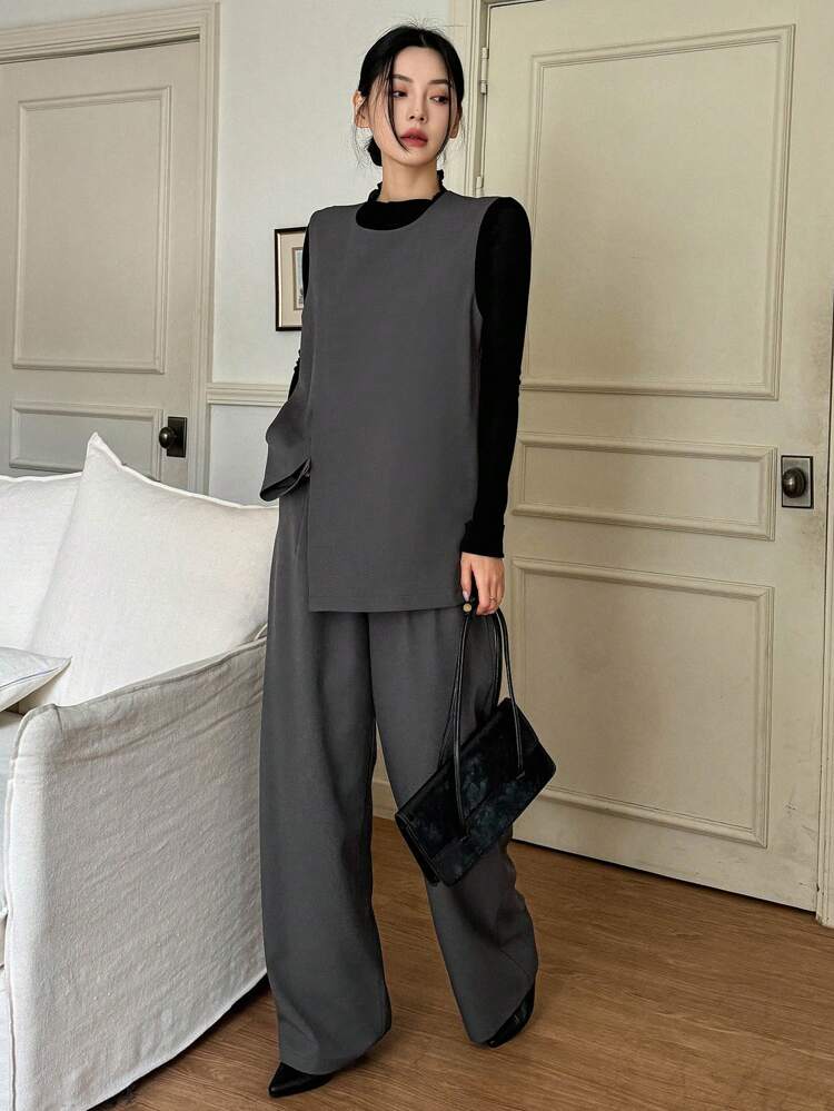 2pcs/Set Women Casual Solid Color Tank Top And Pants Set, Autumn/Winter