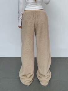 SHEIN BASICS 休闲纯色针织双面绒高腰阔腿宽松保暖女裤 - 卡其色 - 查看 2