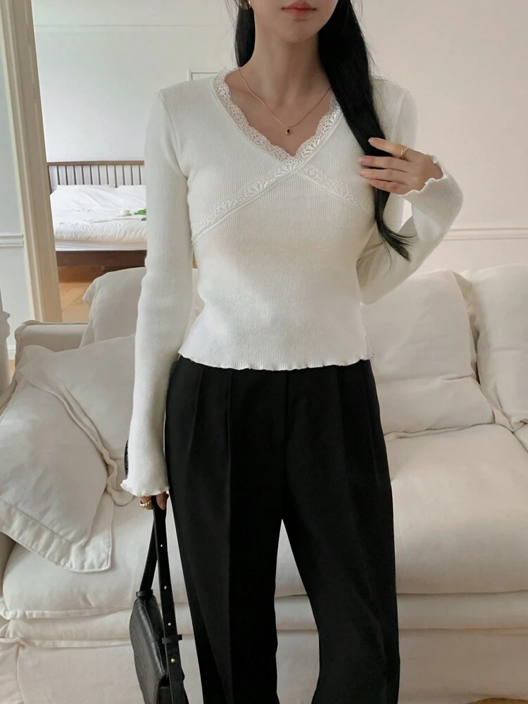 New Autumn Women Contrast Lace V-Neck Long Sleeve Slim Fit Sweater,Fall Women Clothes