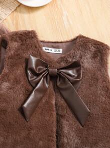 SHEIN Tween Girl 3 件套服装：罗纹立领长袖修身 T 恤、PU 褶裙、蓬松蝴蝶结装饰开衫，适合户外穿着