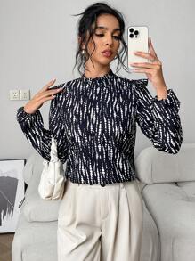 INAWLY Chemise à manches longues élégante avec col montant et imprimé tout-sur-pour femme - Noir et Blanc - Voir 1
