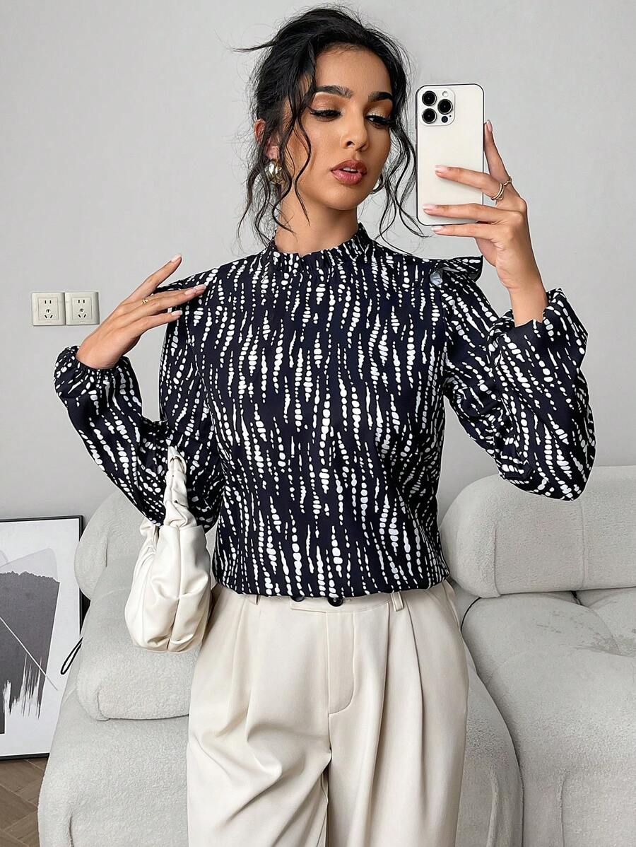 INAWLY Chemise à manches longues élégante avec col montant et imprimé tout-sur-pour femme - Noir et Blanc - Voir 1