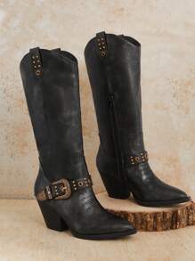 SHUZIA 畅销女式黑色中筒牛仔靴，配有复古带扣、铆钉和索环装饰、仿旧 PU 俏皮、时尚奢华外观。 - 黑色 - 查看 2