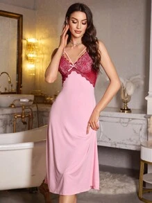 Contrast Color Lace Patchwork Rhinestone Decor Sexy Women Camisole Nightgown - Multicolor - View 5