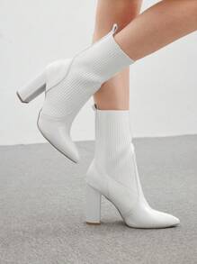 CUCCOO BASICS Damen modische weiße Stoff-Stretch-Spitze-Chunky-Heel Stiefel bis zur Mitte des Schienbeins, geeignet für Pendeln, Dates, Partys, Urlaub zu Weihnachten und Neujahr, Herbst- und Winterstimmung, Valentinstag