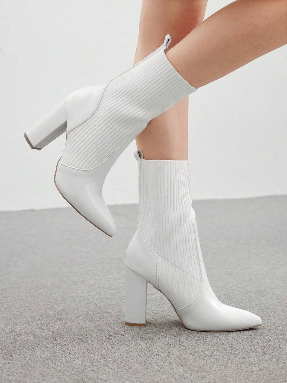 CUCCOO BASICS Women's Fashionable White Fabric Stretch Pointed Toe Chunky Heel Mid-Calf Boots, Suitable For Commuting, Dating, Party, Holiday For Spring Shoes Spring Break Easter For Christmas Spring Shoes