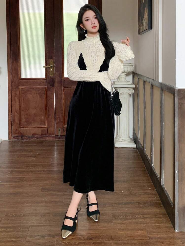 1pc Women Color Block Sleeveless Knit Sweater Dress, Elegant For Autumn/Winter ,New Year Eve,Fall Women Clothes Prom Dress