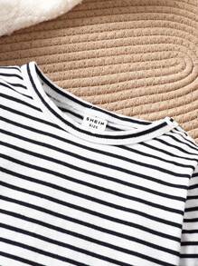 SHEIN Vintaside Kids 嬰兒男童條紋印花長袖上衣和牛仔鬆緊褲套裝