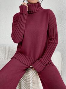 SHEIN Unity 2 件套女士纯色高领落肩长袖毛衣和针织长裤休闲装，秋冬 - 紅木色 - 查看 1