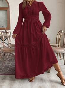 SHEIN VCAY Vestido elegante de talla grande para mujer, de unicolor con cuello en contraste tipo escote, mangas farol y encaje - Burdeos - Ver 5