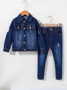SHEIN Ropa casual de moda para niño: 2 piezas chaqueta de mezclilla negra con diseño desgastado y roto de manga larga y pantalón de mezclilla negro elástico roto para uso diario y vuelta al colegio - Azul lavado oscuro - Ver 3