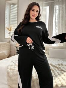 1set Plus Size Color Block Letter Print Long Sleeve Top And Pants Sleepwear Lounge Set - Black - View 5