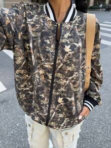 Muchica 1pc Women's New Casual Sports Style Full Print Contrast Striped Trim Baseball Jacket, Autumn , Bomber Jacket - Army Green - View 4