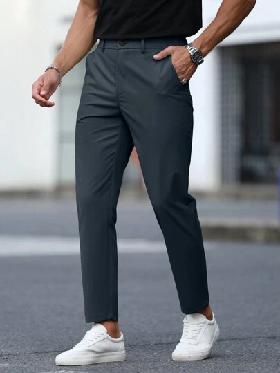 Manfinity Mode Men's Simple Solid Color Slant Pocket Slim Fit Suit Pants