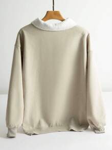 SHEIN BASICS 女士休闲纯色编织领长袖宽松保暖内衬保暖运动衫，日常通勤，温暖舒适，保暖护理 - 杏色 - 查看 8