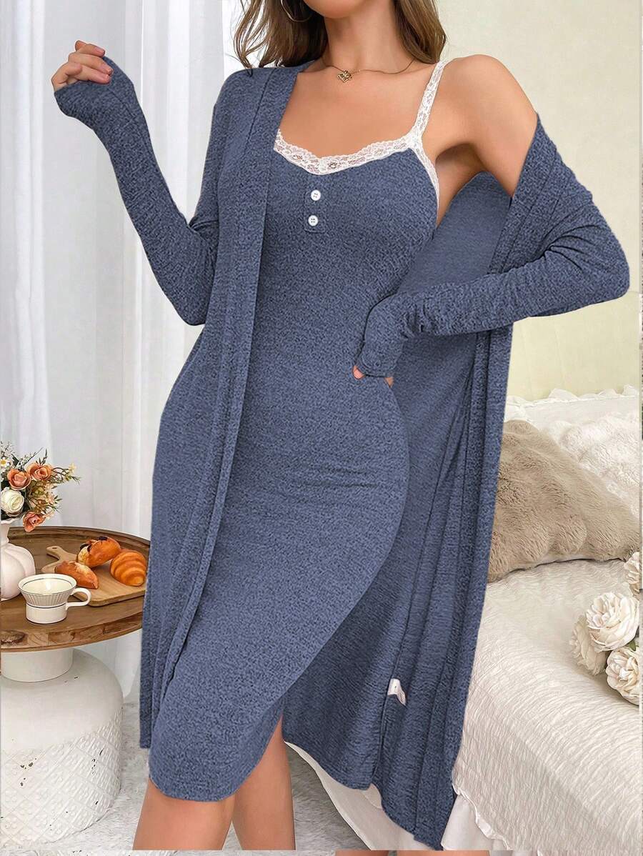 Snug Zone Women's Lace Trim Sleep Slip Dress & Robe Pajama Set, Fall Winter Clothes - Dusty Blue - View 1