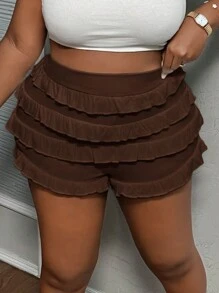 Slaydiva Quần short mini cạp thấp màu trắng dễ thương cỡ lớn có viền bèo nhún - màu nâu - Xem 4