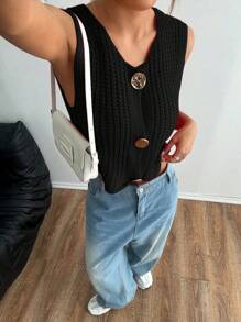 SHEIN Unity Fashionable Round Neck Button Closure Minimalist Sleeveless Knit Top - Black - View 4