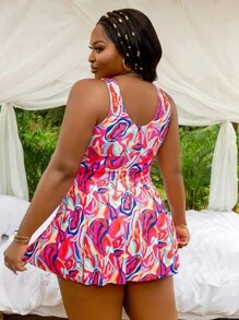 SHEIN Slayr CURVE Plus Size Floral Print Two-Piece Swimsuit With Dress Style Summer - Multicolor - View 3