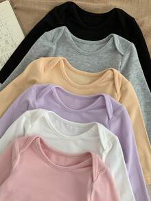 SHEIN Bộ đồ liền thân dài tay cổ tròn dệt kim cho bé gái sơ sinh/Unisex, Mua 1 tặng 5 - màu đen - Xem 5