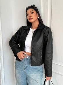 SHEIN EZwear 大码女式黑色休闲拉链长袖夹克，适合冬季 - 黑色 - 查看 3