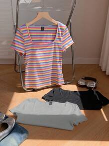 Comfortcana 3 件套女士彩色条纹短袖短款休闲修身 T 恤，适合夏季 - 彩色 - 查看 5