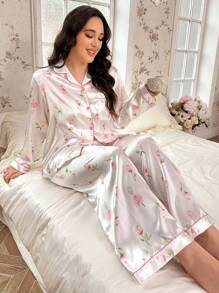 CottageSlumber Große Größen Blume Muster Faux-Seide Hemdkragen Langarm Top & Hose Pyjama Set, gemütlich und elegant, Herbst Winter Kleidung - Weiss - Übersicht 3