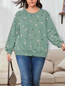 SHEIN LUNE Áo nỉ dệt kim tay dài họa tiết hoa cỡ lớn, giản dị tối giản, dành cho mùa thu/đông - Nhiều màu - Xem 5