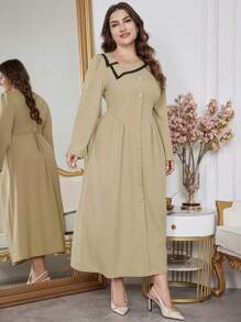 Mulvari 大码女式不对称领泡泡袖长款优雅连衣裙，优雅 A 字裙，适合日常休闲/旅游/工作 - 卡其色 - 查看 6