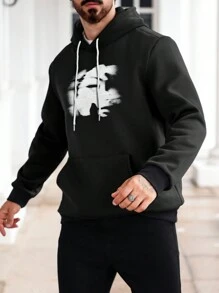 Manfinity Homme Men's Figure Print Long Sleeve Drawstring Hooded Sweatshirt, Autumn - Black - View 5